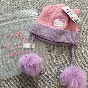 HELLO KITTY Pink Lilac Fur Pom Pom Toque Hat Sanrio Wool Knit Kawaii Ears Beanie